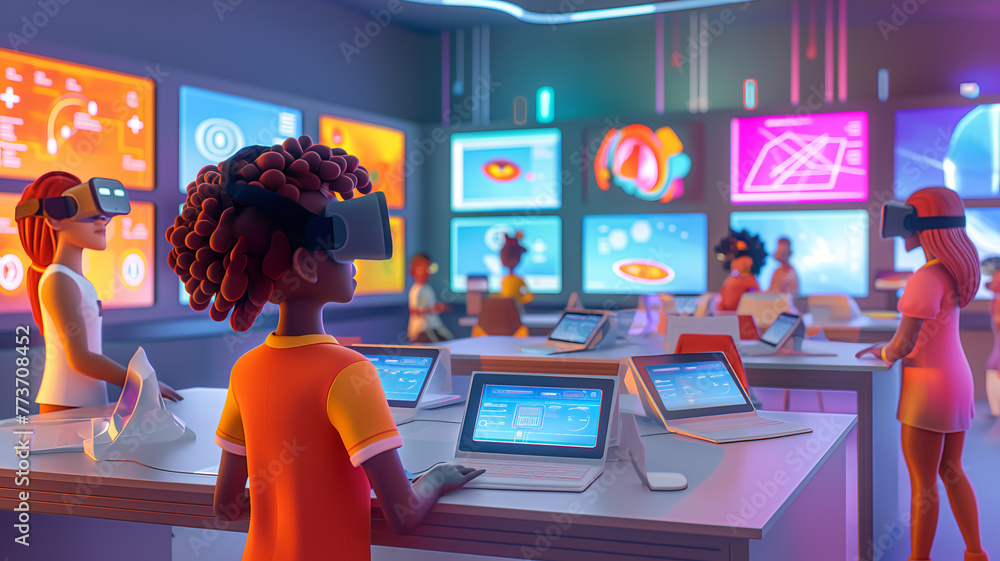 Various 3D illustrations in a VR classroom with glowing boards and tablets. Various 3D illustrations in a VR classroom with glowing boards and tablets.