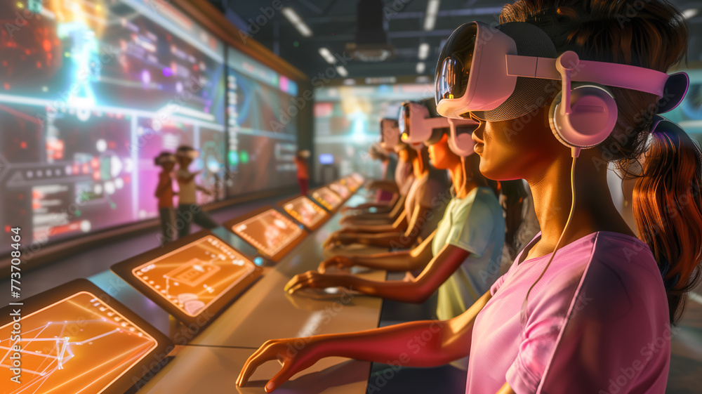 Students in VR headsets interact with digital displays in a vibrant classroom.