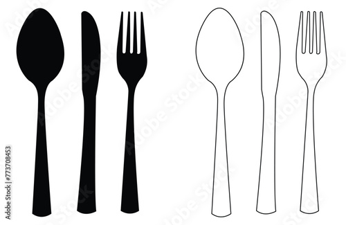Fork, knife, spoon icons. Tableware set flat style. Dinnerservice collection. Plate, fork and knife for apps and websites. Dinner service - stock vector.