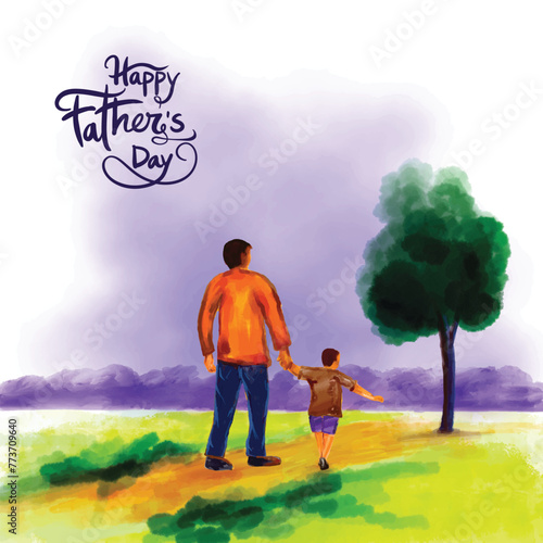 Happy Father's Day card. Silhouettes of dad and son walking together with nature. Father's Day text lettering poster. Easy to edit vector illustration of father and son