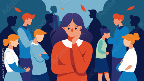 An illustration of a person experiencing a panic attack in a crowded room with everyone around them too absorbed in their own activities to