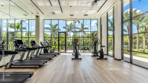 A state-of-the-art fitness center with floor-to-ceiling windows overlooking a lush green park  equipped with the latest exercise machines and amenities.