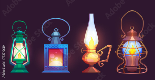 Old oil and gas lamp with flame. Cartoon vector illustration set of glowing vintage kerosene lantern. Antique classic petrol light bulb with handle. retro mine or camp portable lamp with fire.