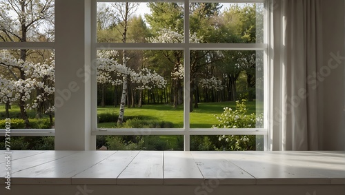 White wood table with large spring window and copy space