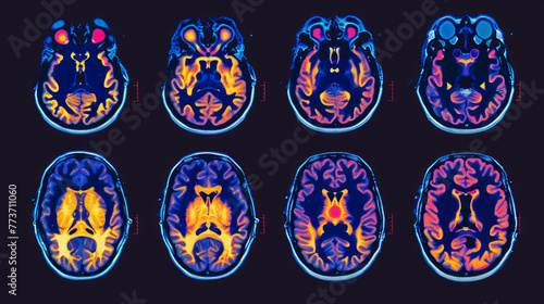 Obraz na płótnie A composite image of brain scans from an MRI, vividly colored to distinguish various neural pathways and regions w salonie