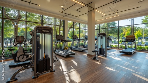 A state-of-the-art fitness center with floor-to-ceiling windows overlooking a lush green park, equipped with the latest exercise machines and amenities.