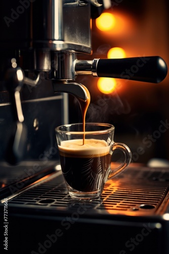 Vertical photo of a preparation of espresso coffee by using coffee machine. Espresso pouring from coffee machine. Close-up of espresso pouring from coffee machine. Professional coffee brewing.