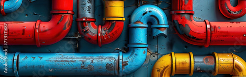 Colorful pop art background pattern of industrial plumbing pipes in red, blue, yellow and silver.