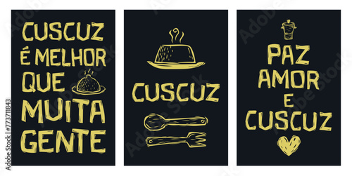 Couscous, fun expressions linked to typical northeastern food. Vector illustration in woodcut style of Brazilian cordel.eps