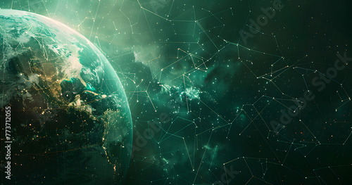 green planet with a network of lines surrounding it, dark green globe, creating a celestial connection, copy space for text, generative ai