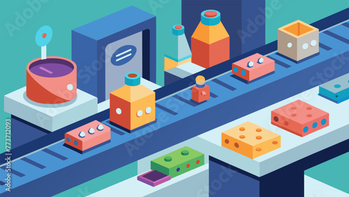 Closeup of a conveyor belt carrying various small prototypes through a microfactory showcasing the diverse range of experimental products being