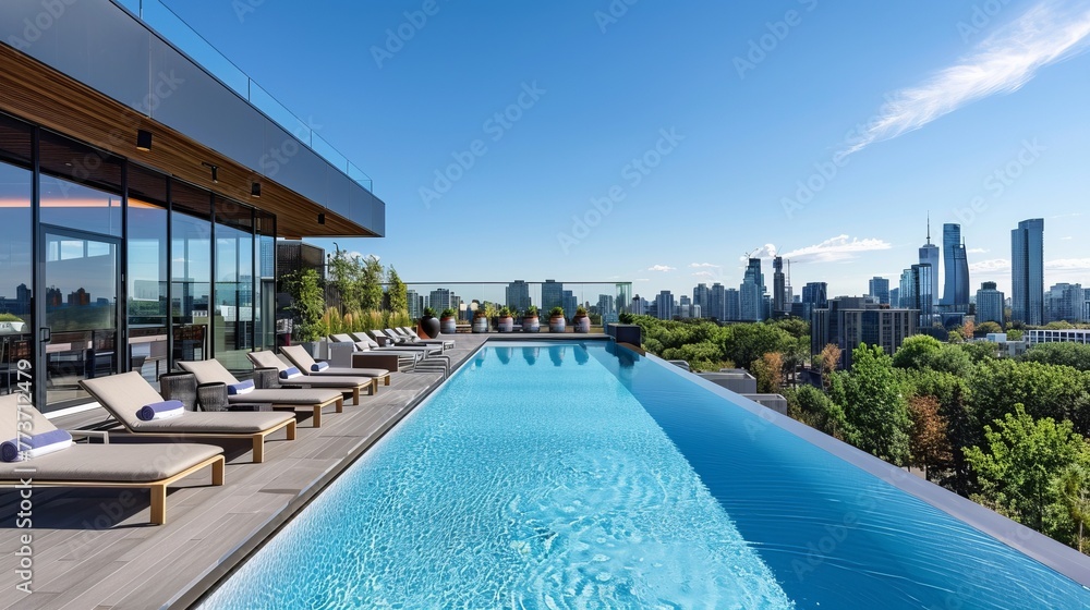 A stylish rooftop pool with infinity edges, sleek lounge chairs, and panoramic views of a modern skyline stretching out to the horizon.