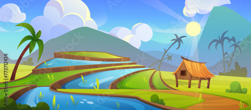 Rice field terrace with watered ground, trees and hut. Asian summer landscape with mountain and agricultural lands. Cartoon vector illustration of traditional oriental food growing farming plantation.