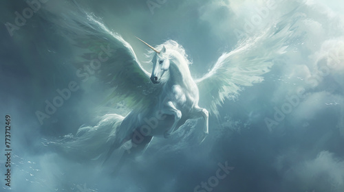 Illustration of a mythical white unicorn flying through the clouds