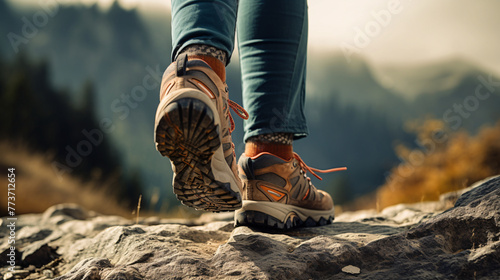 Hiking wlaking traveler mountain adventure lanscape nature outdor auntumn forest  - 
Close up photo from behind of a woman walking wearing brown shoes photo