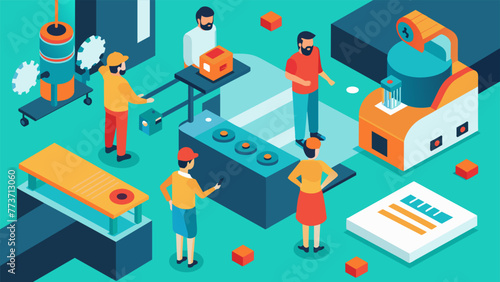 An overhead shot of workers in a microfactory surrounded by innovative machinery that maximizes productivity and minimizes costs.