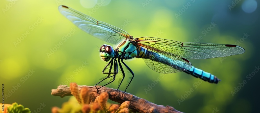 Macro shot of a dragonfly showing intricate details, featuring a vibrant blue body and contrasting black wings Macro shot of a dragonfly showing intricate details, featuring a vibrant blue body and contrasting black wings