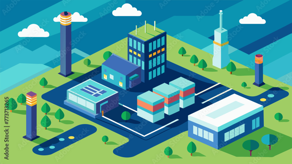 An overhead shot of a sprawling industrial complex with data centers and communication infrastructure equipped with the latest 5G technology An overhead shot of a sprawling industrial complex with data centers and communication infrastructure equipped with the latest 5G technology