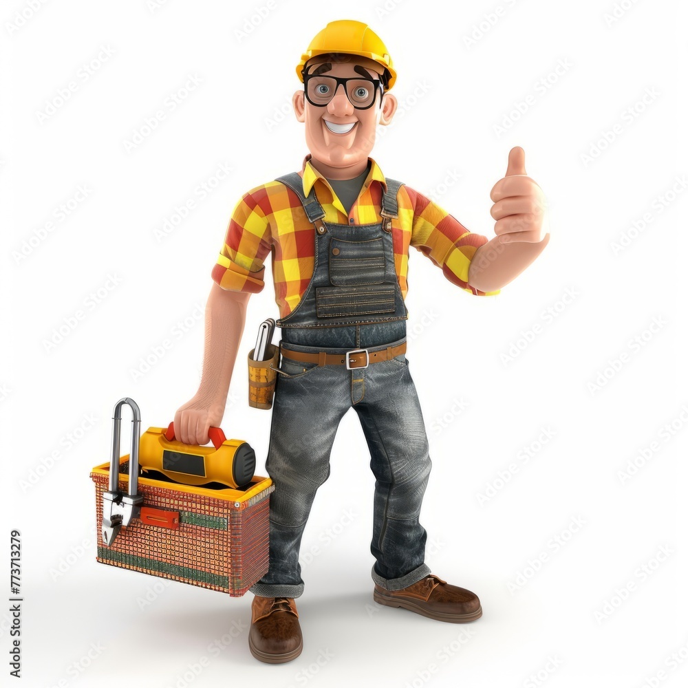 3D Render of a skilled handyman posing confidently with a toolbox and giving a thumbs-up, on isolated white background, Generative AI 3D Render of a skilled handyman posing confidently with a toolbox and giving a thumbs-up, on isolated white background, Generative AI
