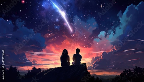 couple sitting and looking at the sky with a spectacular meteor shower, digital art style, illustration painting