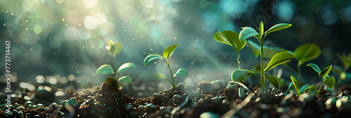 Green small plants on top of soil with sun light in the forest background , Plant seeding in nature is a new life concept. Cluster of Plants Emerging From the Earths Surface photo