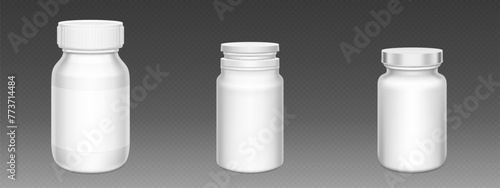 Pill bottles 3D isolated on transparent background. Vector realistic illustration of blank jar mockups, metal and plastic caps, container for food supplement, vitamin tablets, pharmaceutical product