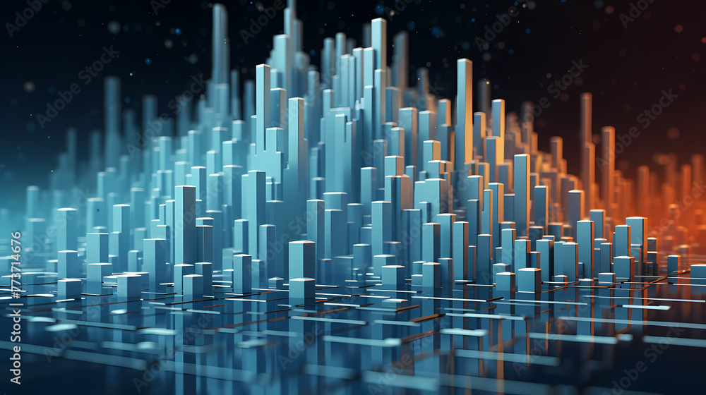 Abstract cityscape, bar graph, cube shapes background