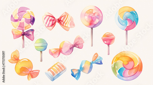 Cute Colorful Candy draw by watercolor in different sizes and shapes, 