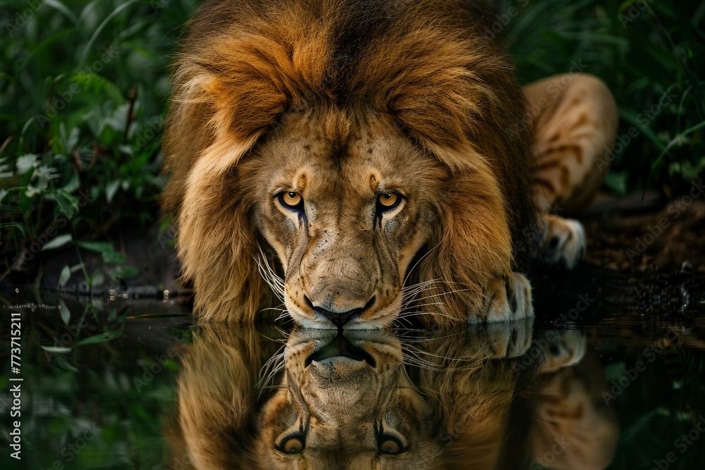 Naklejka premium a close up of a lion drinking water