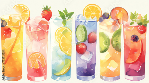 watercolor 6 glasses of colorful iced drink with fruit decoration  in the style of clip art, 2d flat view