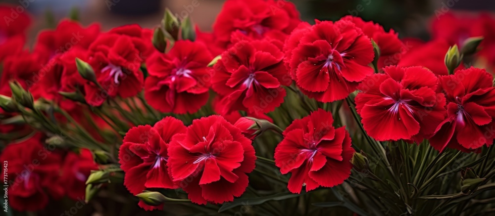 Numerous vibrant red flowers are blooming beautifully in a single pot placed indoors Numerous vibrant red flowers are blooming beautifully in a single pot placed indoors