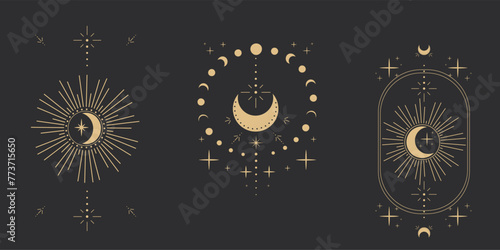 Set gold moon celestial tattoo or tarot astrology magic element with rays, stars, burst minimal line border or decoration isolated on dark background. Space symbols, emblem.