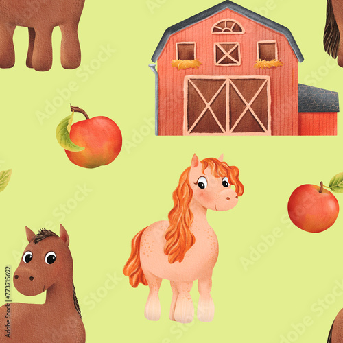 Seamless pattern of cute watercolor pony, farm house, barn, apple. Little horse. Funny animal for kid. Design for baby shirt design, nursery decor, card making, party invitations, Green background photo