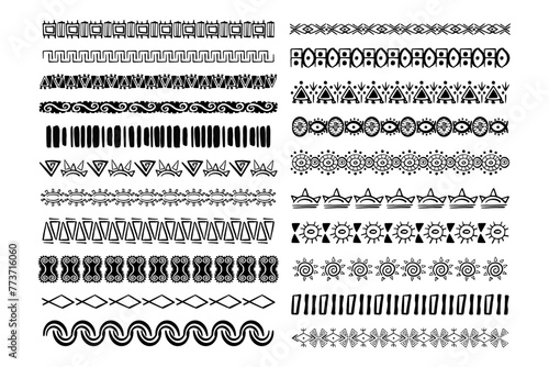 Set aztec tribal motive border in doodle hand drawn style from geometrical shapes isolated on white background. boho scandinavian srtoke, traditional native decor.