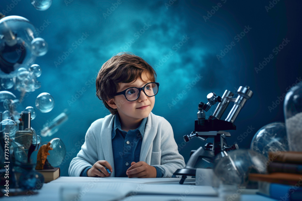 A curious kid model sits against a solid blue wall, exploring the wonders of science with a microscope and various laboratory equipment, eyes wide with wonder and curiosity.