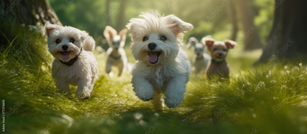 A group of tiny dogs of various breeds happily playing and running through the lush green grass field A group of tiny dogs of various breeds happily playing and running through the lush green grass field