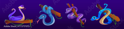 Snake on tree branch for jungle landscape or game ui design. Vector illustration set of cute funny blue and purple serpent animal creeping on twig. Comic cartoon character of forest reptile.