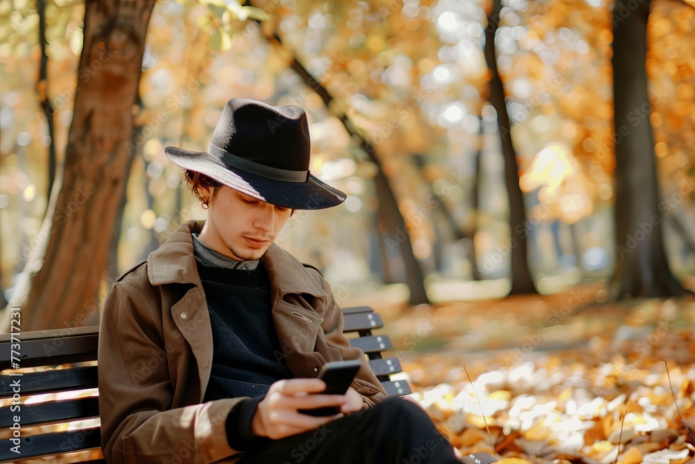 Young man in black hat use mobile cell phone credit bank card shopping online order delivery book tour rest relax in autumn park Young man in black hat use mobile cell phone credit bank card shopping online order delivery book tour rest relax in autumn park