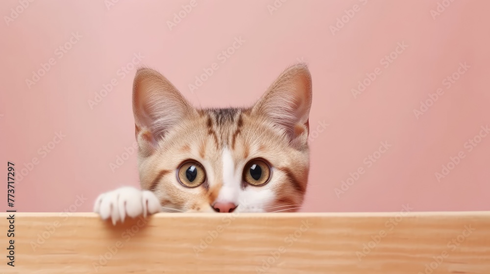 Adorable Tabby Cat Peeking Out Behind Pink Wall Adorable Tabby Cat Peeking Out Behind Pink Wall