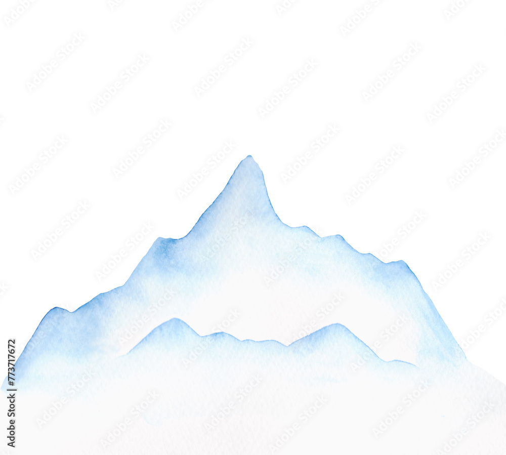 Snowy mountains on a white background, a watercolor illustration drawn by hand. Winter landscape, mountain peaks for design, decoration with a place for text. The texture of the watercolor.