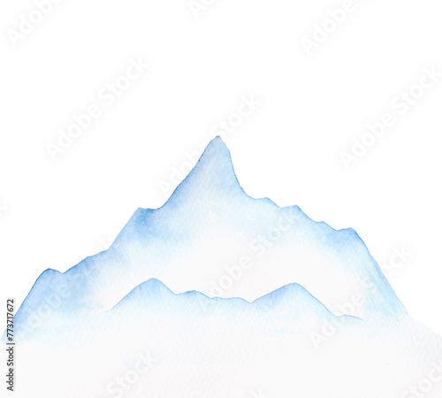 Snowy mountains on a white background, a watercolor illustration drawn by hand. Winter landscape, mountain peaks for design, decoration with a place for text. The texture of the watercolor.