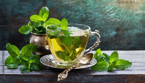 cup of tea with mint, wallpaper texted Mint tea with fresh leaves close up