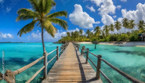 beach in maldives wooden pier extending into the crystal-clear waters of a sunny, sun, beautiful ,tropical paradise,