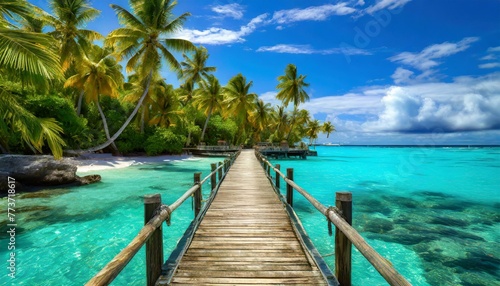 beach with sky wooden pier extending into the crystal-clear waters of a tropical paradise, photo