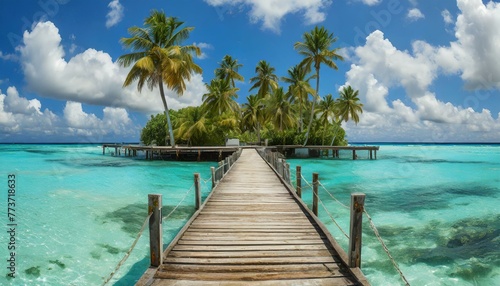 beach with sky wooden pier extending into the crystal-clear waters of a tropical paradise,sky, sand, travel, maldives, palm, vacation, summer, jetty, 