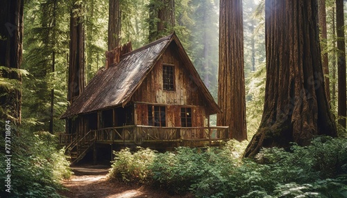 old wooden house A quaint wooden cottage nestled amidst a dense forest of towering redwood trees,, farm, village, summer, traditional,  photo