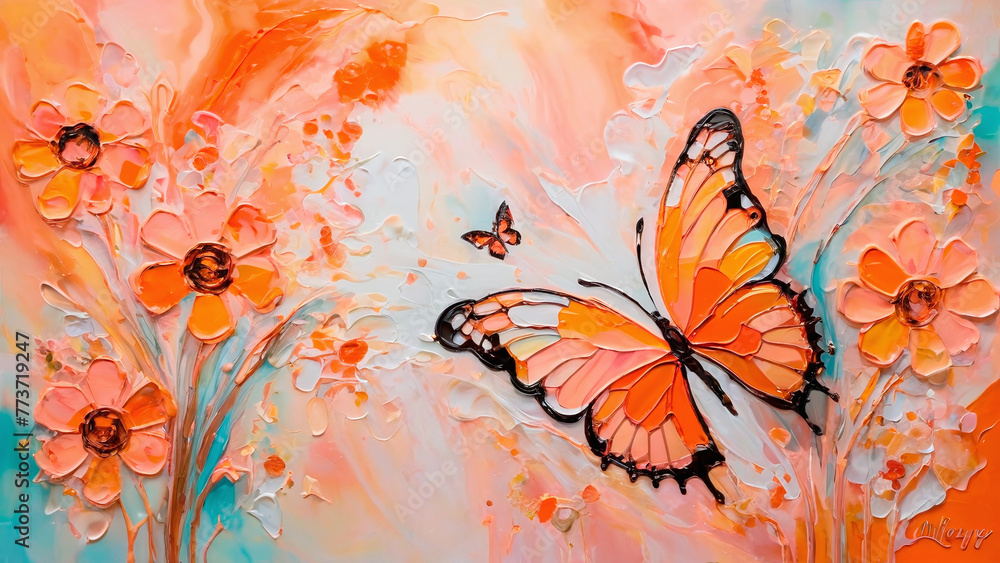 butterfly on the background of watercolors and flowers.
