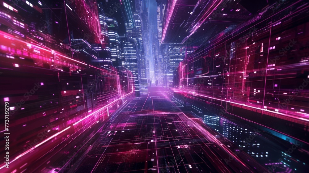 Obraz premium Capture the dynamic essence of a smart, ultramodern mega city, where neon light trails illuminate the night. Skyscrapers tower above, bathed in the glow of advanced technology, AI Generative