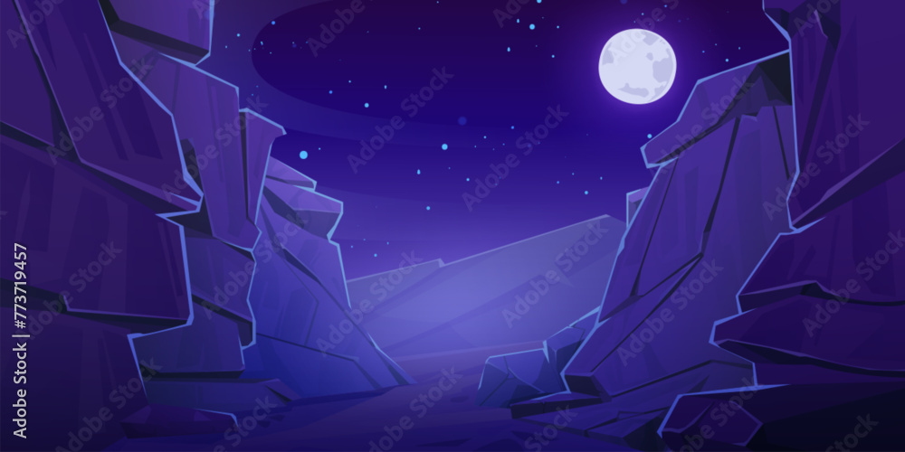 Night landscape with cliff mountain canyon under starry sky with full moon light. Cartoon vector illustration of dark rocky scenery. Great ledge with dangerous precipice. Gap between high stone edges. - obrazy, fototapety, plakaty 