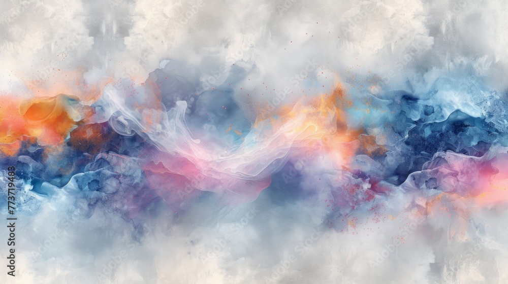 Obraz premium Ethereal watercolor art of abstract splashes, harmonious mix of blue, purple, grey, pink, and orange, light pastel shades, panoramic, digital painting, tranquil vibe, AI Generative